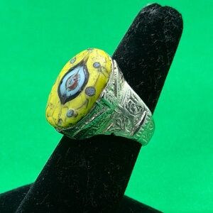 Beautitul Vintage Mosaic Glass In Shape Of Eye Mixed Sliver Ring